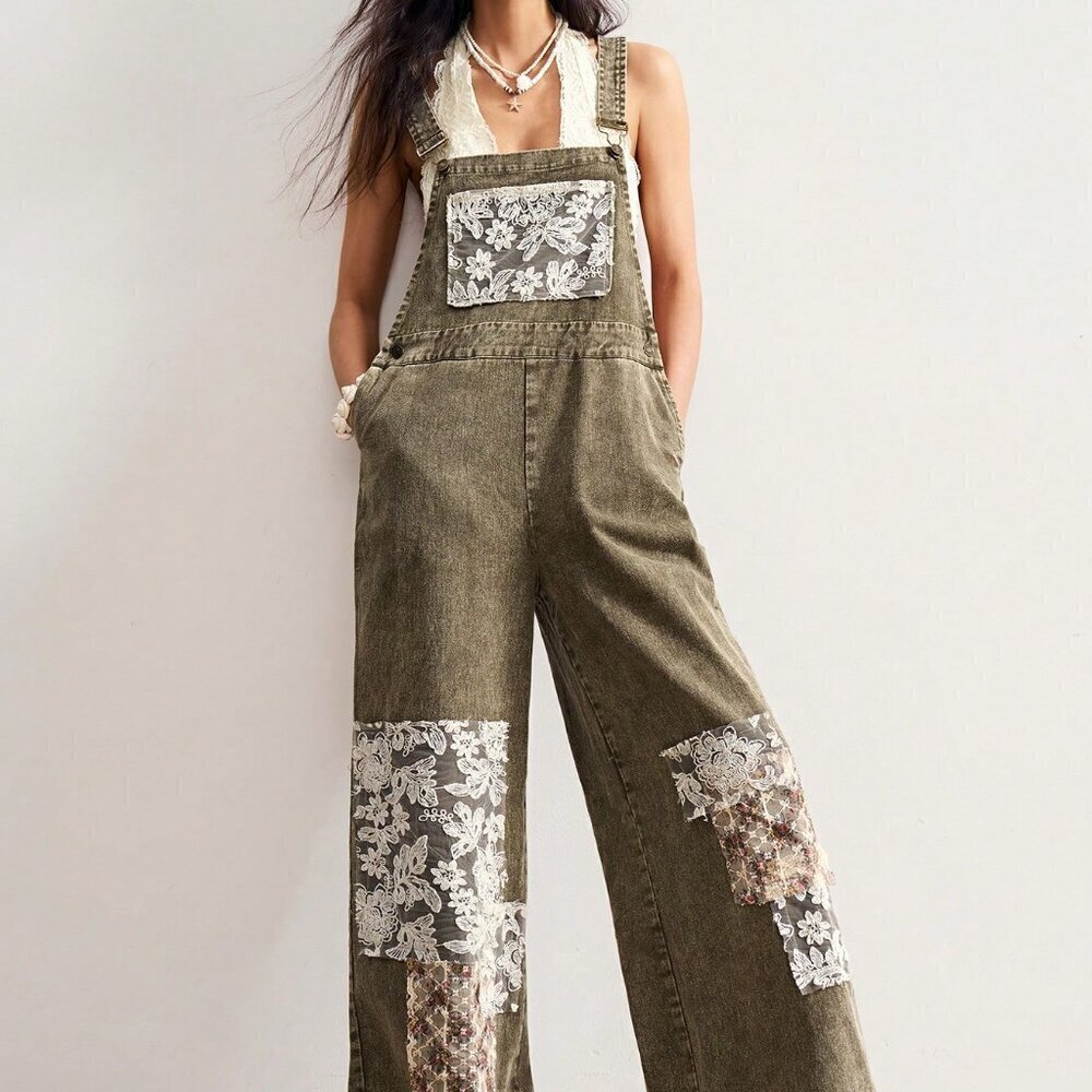 Army Green Casual Womens Boho Woven Loose Washed Patchwork & Lace overalls pants - Picture 2 of 8